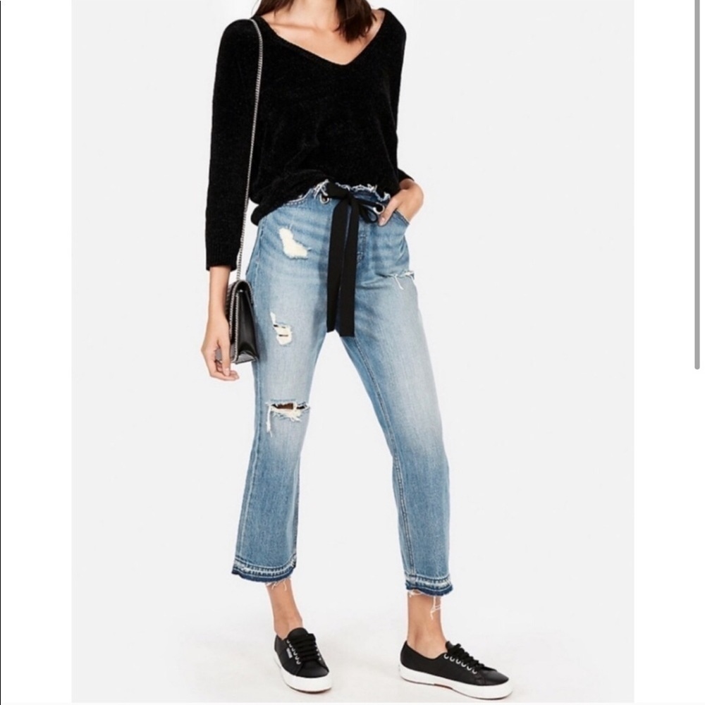 Express Straight Ankle High Rise Ribbon Jeans